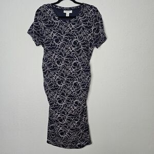 Motherhood Maternity‎ Dress Blue Floral Midi Bodycon Fitted Ruched Size Large